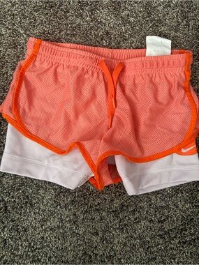 Nike Girls Coral Orange & White Layered Athletic Shorts
